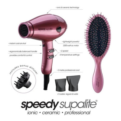 Speedy Supalite Ionic Ceramic Professional Hairdryer Blush 2200 watt + Wonder Wet & Dry Brush
